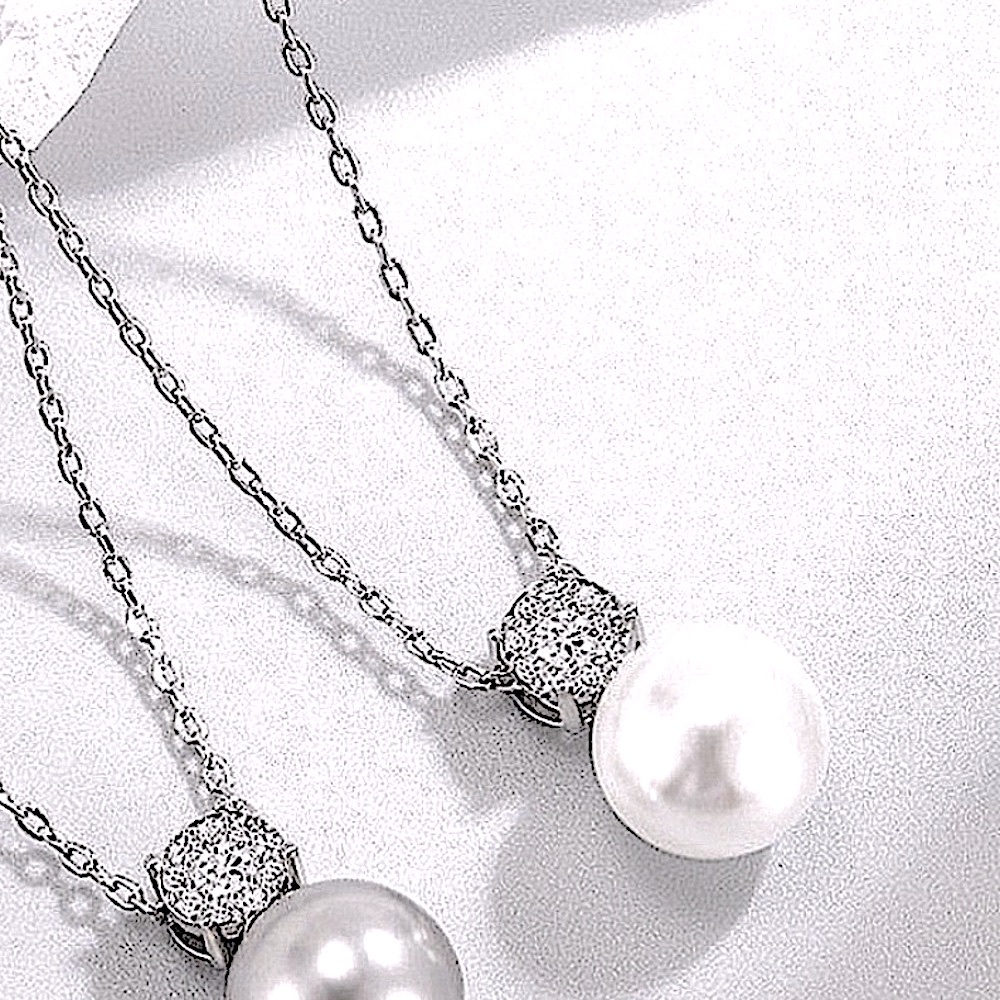 NEW Women's White Pearl Pave Diamond Necklace, Rhodium‎ S925, 16-18”